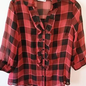 Women's Red and Black Plaid Ruffle Top